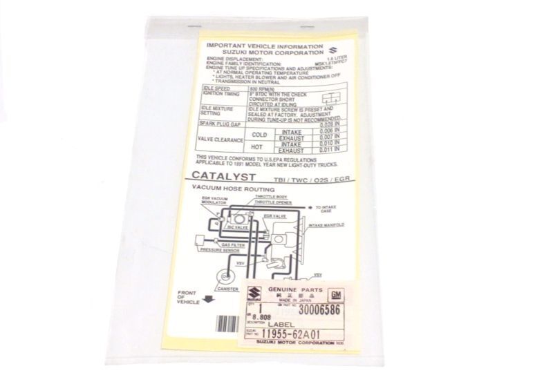 New OEM 1991 Geo Tracker Engine Vacuum Emissions Routing Label 30006586